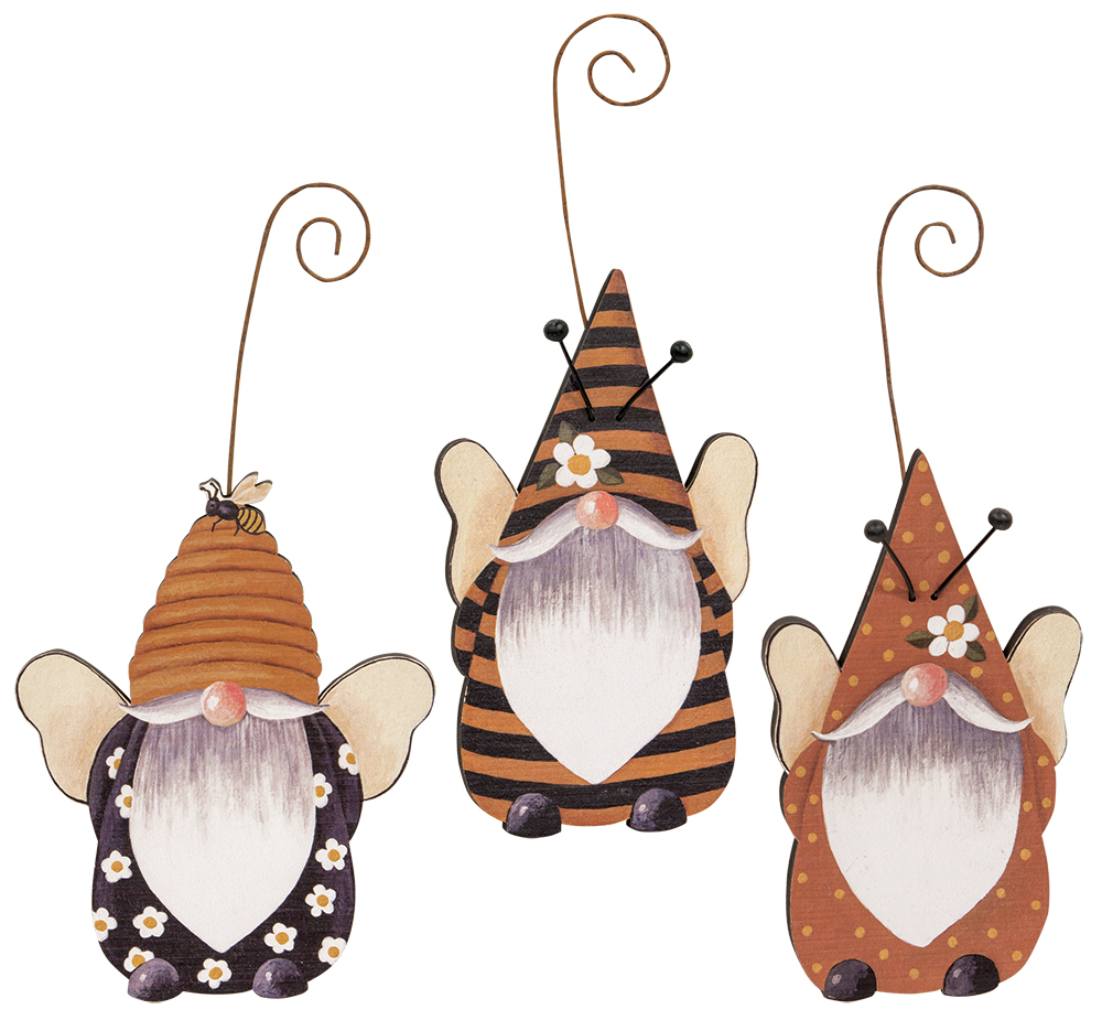 Gnome-Bees Wooden Ornaments with Hangers, 3 Asstd. #35822