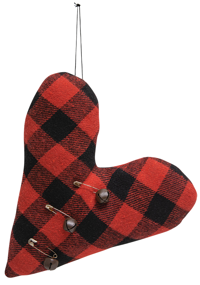 Felt Red & Black Buffalo Check Heart Pillow Ornament w/Rusty Jingle Bells #CS38301