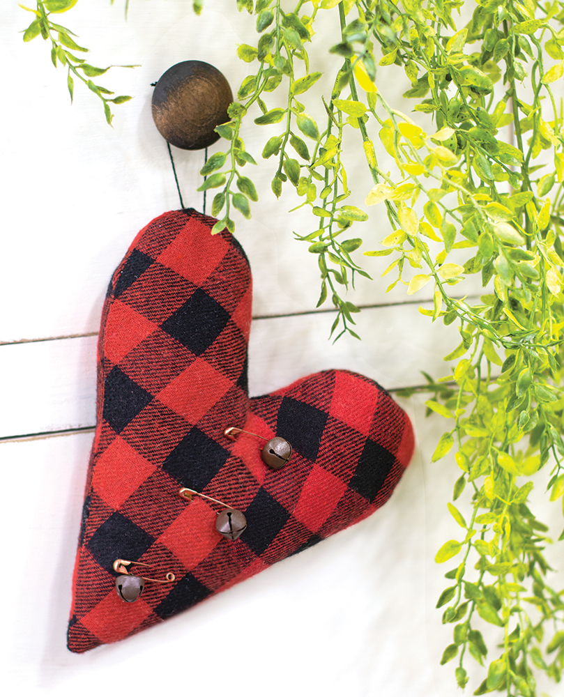 Felt Red & Black Buffalo Check Heart Pillow Ornament w/Rusty Jingle Bells #CS38301