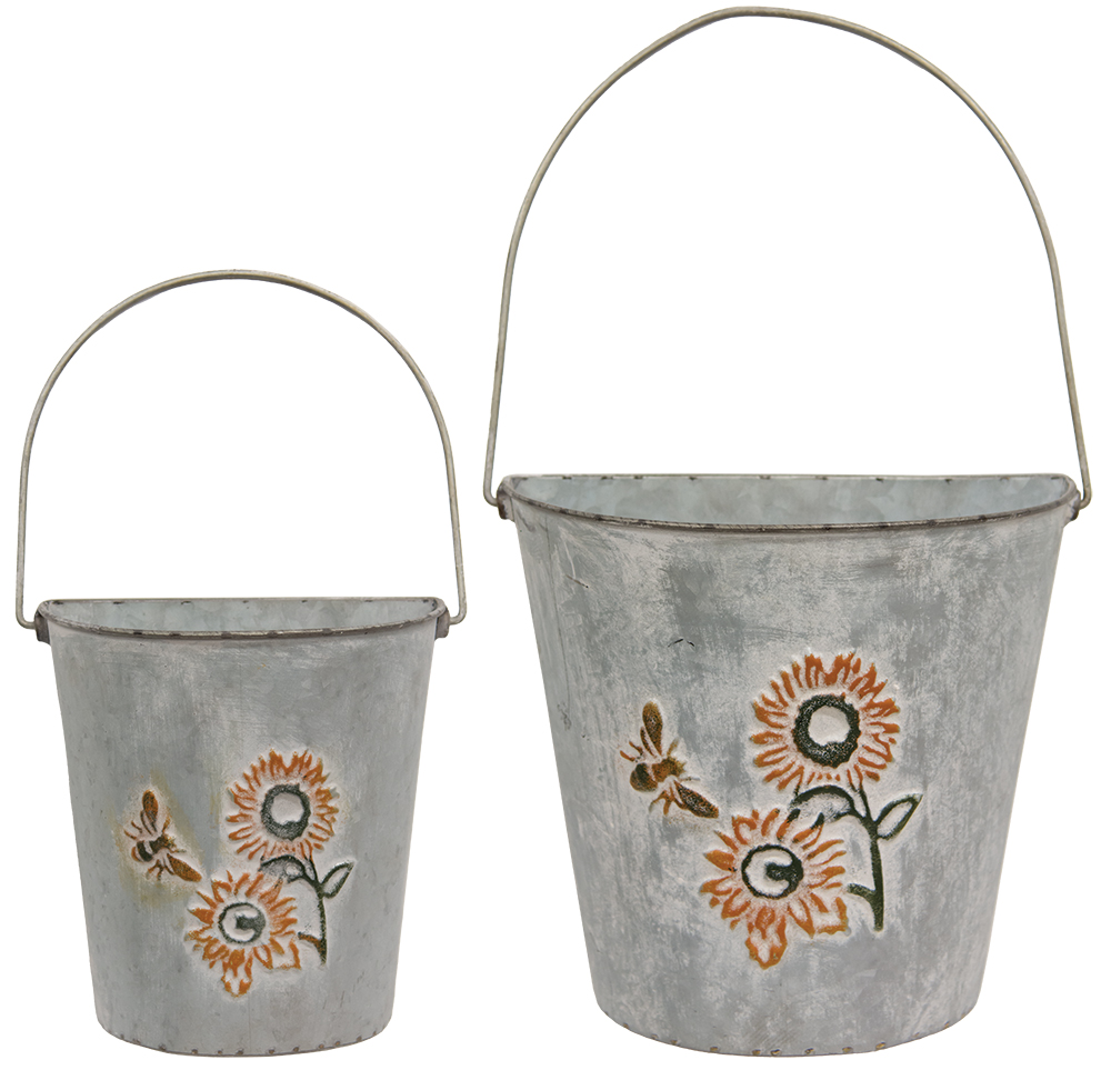 2/Set, Washed Metal Sunflower & Bee Wall Buckets #70109