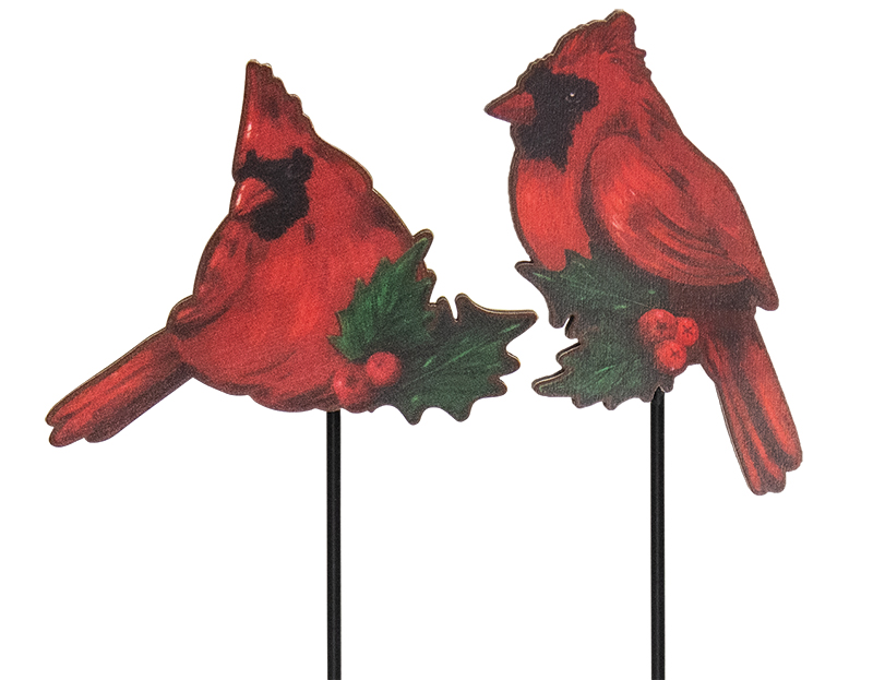 Cardinal & Holly Wooden Plant Stake, 2 Asstd. #37220
