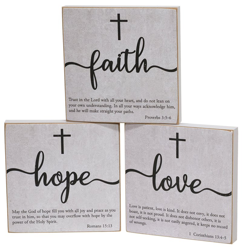 Faith, Hope, Love Bible Verse Block Sign, 3 Asstd. #37440