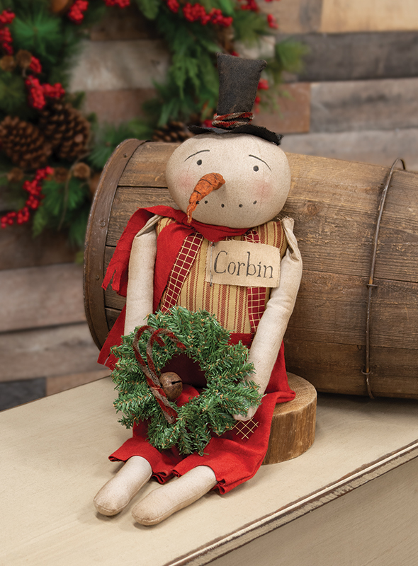 Corbin Snowman Doll With Pine Wreath Corbin Snowman Doll With Pine Wreath