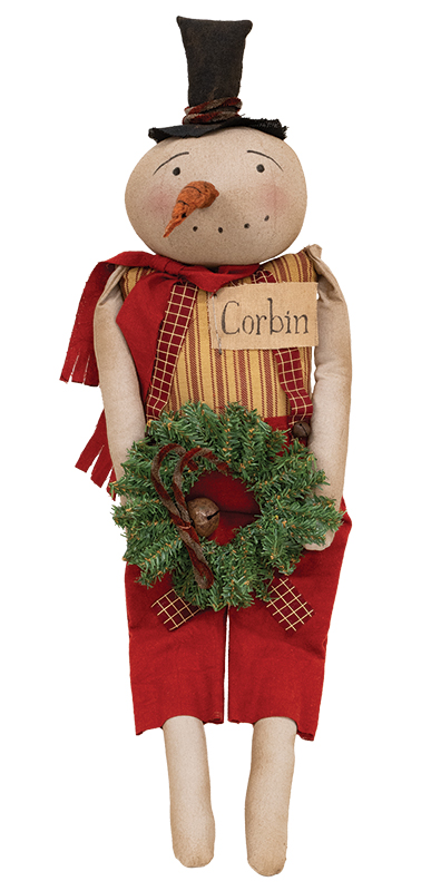 Corbin Snowman Doll With Pine Wreath Corbin Snowman Doll With Pine Wreath