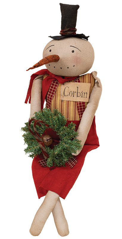 Corbin Snowman Doll With Pine Wreath Corbin Snowman Doll With Pine Wreath