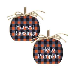 Harvest Blessings Buffalo Check Pumpkin Sitters, 2 asst.