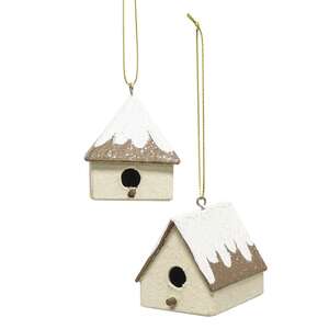 Papier Mache Snowy Birdhouse Ornament, 2 Asstd.