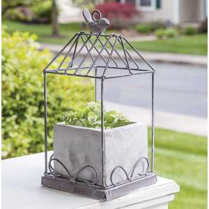 #QX19351 Graywash Metal Birdcage With Cement Planter