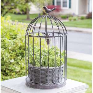 #QX19264 Graywash Metal Birdcage With Basket Planter