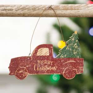 Glittered Wood Merry Christmas Truck Ornament 35522