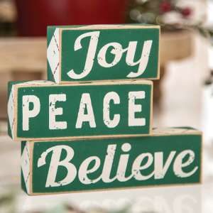 Plaid Joy Peace Believe Wooden Blocks, 3/Set 35722