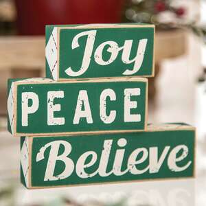 Plaid Joy Peace Believe Wooden Blocks, 3/Set 35722;