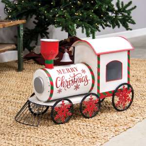 All aboard the Merry Christmas Train! This vintage-inspired metal train boasts classic white, red, and green Christmas colors and reads, "Merry Christmas" in red lettering. The train engine measures 15.75" high by 8.75" wide by 26" long.