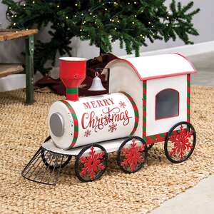 All aboard the Merry Christmas Train! This vintage-inspired metal train boasts classic white, red, and green Christmas colors and reads, "Merry Christmas" in red lettering. The train engine measures 15.75" high by 8.75" wide by 26" long.