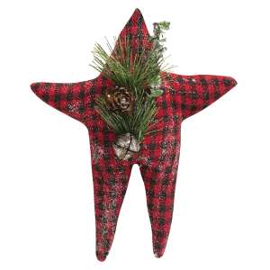 Red & Black Check Folk Star Ornament w/Pinecone #CS38130