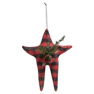 Buffalo Check Folk Star Ornament w/Pinecone #CS38131