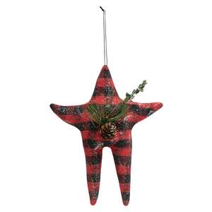 Buffalo Check Folk Star Ornament w/Pinecone;
