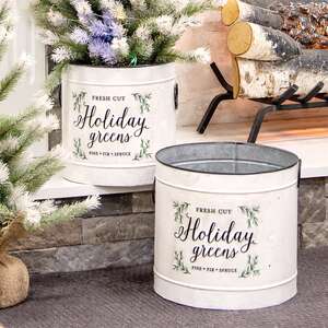 Holiday Greens Distressed Metal Pails, 2/Set;