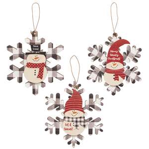 Buffalo Check Snowman Snowflake Sayings Ornament, 3 Asstd. #35595