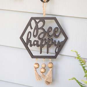Bee Happy Hanging Wooden Cutout With Beaded Tassels 70097;