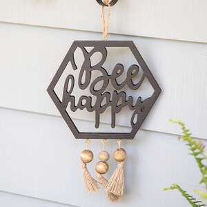 Bee Happy Hanging Wooden Cutout With Beaded Tassels 70097