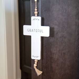 Grateful Cross Wood Ornament w/Beads & Tassel 91073;