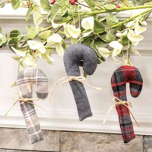 Christmas Plaid Fabric Candy Cane Ornaments, 3 Asstd. CS38281;