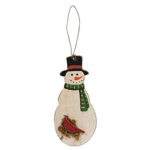 Snowman w/Cardinal & Tophat Wooden Ornament