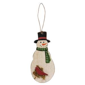 Snowman w/Cardinal & Tophat Wooden Ornament #35699