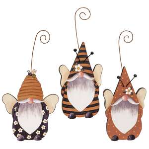 Gnome-Bees Wooden Ornaments with Hangers, 3 Asstd.