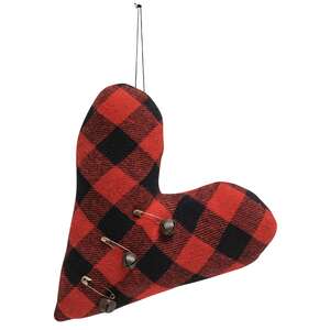 Felt Red & Black Buffalo Check Heart Pillow Ornament w/Rusty Jingle Bells