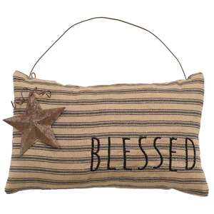 Blessed Ticking Stripe Pillow Ornament w/Rusty Star