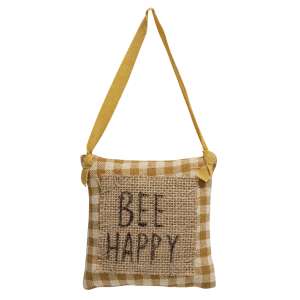Bee Happy Mustard Check and Burlap Pillow Hanger #CS38307
