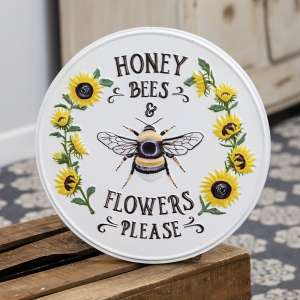 Honey Bees & Flowers Please Sunflower Round Metal Sign 60428