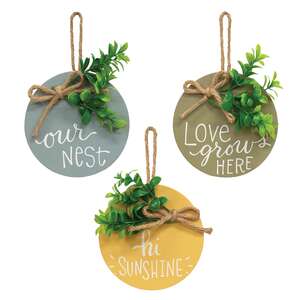 Our Nest Round Sign Ornament w/Greenery, 3 Asstd.