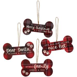 We Woof You A Merry Christmas Plaid Dog Bone Ornament, 4 Asstd.