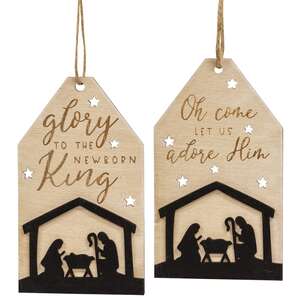 Let Us Adore Him Silhouette Wooden Tag Ornament, 2 Asstd.