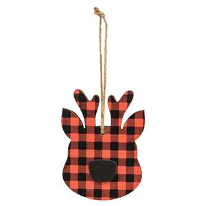 Red & Black Buffalo Check Reindeer Head Ornament