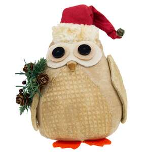 Stuffed Owl in Santa Hat w/Winter Greenery