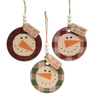 Buffalo Plaid Beaded Snowman Tag Ornament, 3 Asstd.