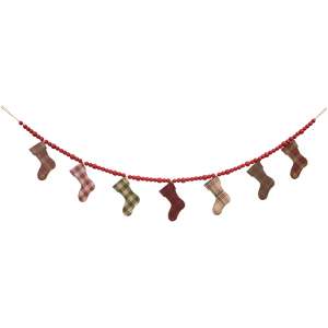 Wooden Plaid Stockings & Beads Garland #36152