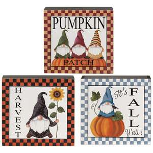 Fall Gnome Checkered Box Sign, 3 Asstd.