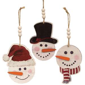Weathered Wood Look Beaded Snowman w/Hat Ornament, 3 Asstd.