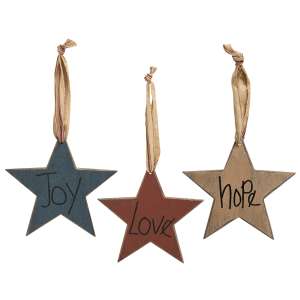 3/Set, Faith, Love, Joy Primitive Star Ornaments #36628