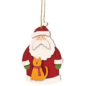 Santa With Cat Wooden Ornament