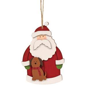 Santa With Dog Wooden Ornament