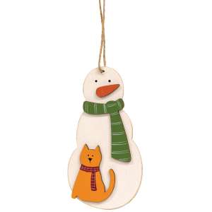 Snowman With Cat Wooden Ornament #36472