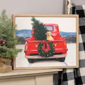 Golden Dog in Christmas Truck Wood Sign 65289