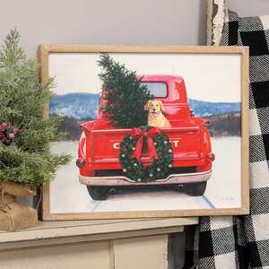 Golden Dog in Christmas Truck Wood Sign 65289;