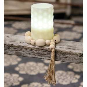 Natural Wood Oval Bead Candle Ring w/Jute Tassel 36119